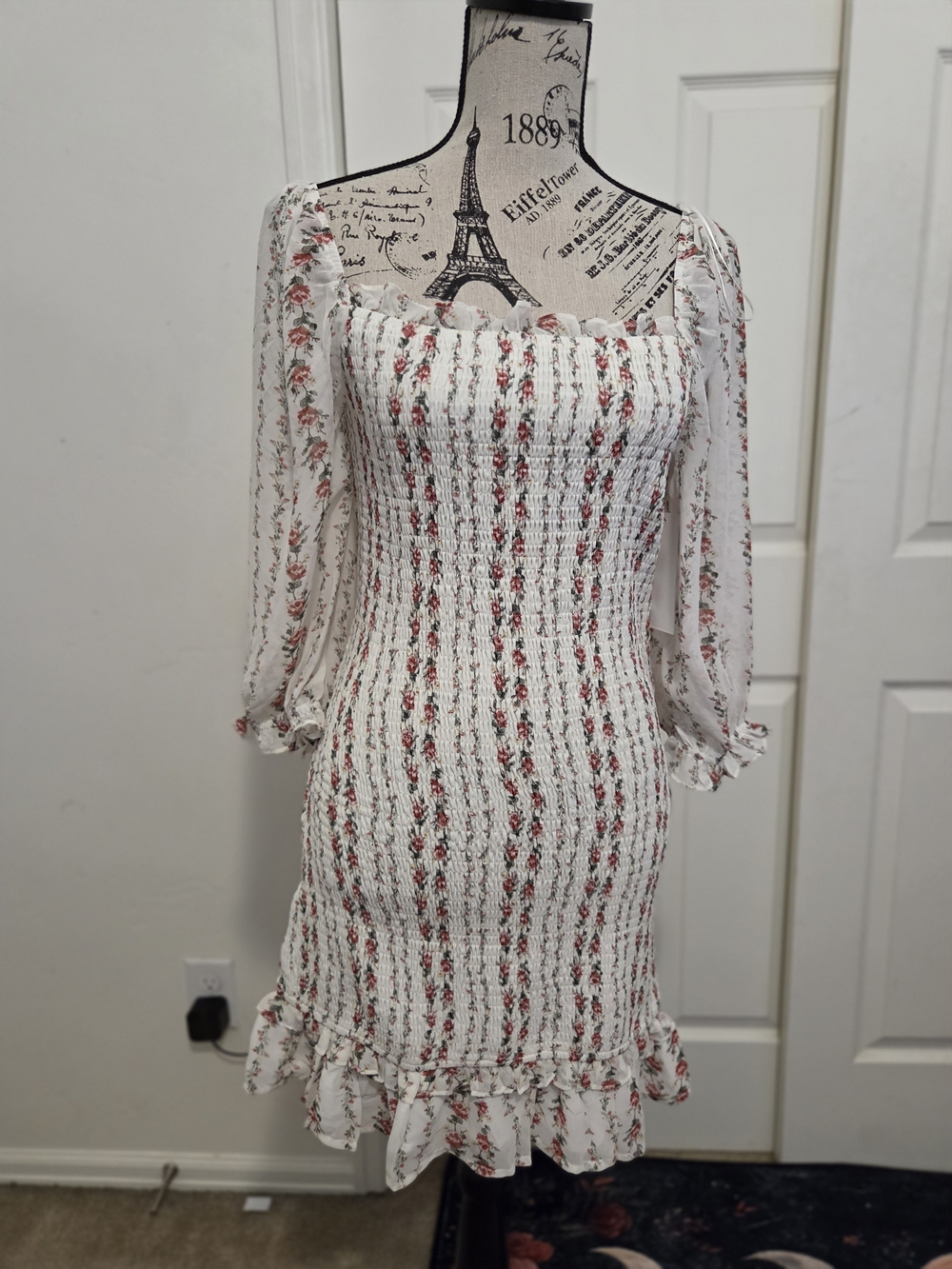 Aura White Midi Dress with Pink Floral Stripes and Ruffled Hem
